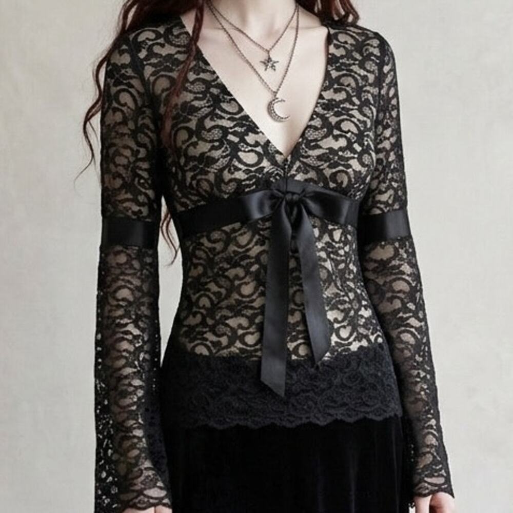 Alexia Admor Black Lace Whimsigoth Witchy Babydoll Top Small